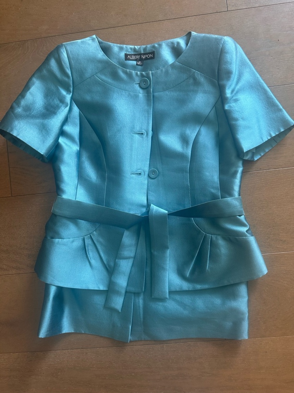 Albert Nipon Vintage Iridescent Blue Satin Belted Peplum Suit